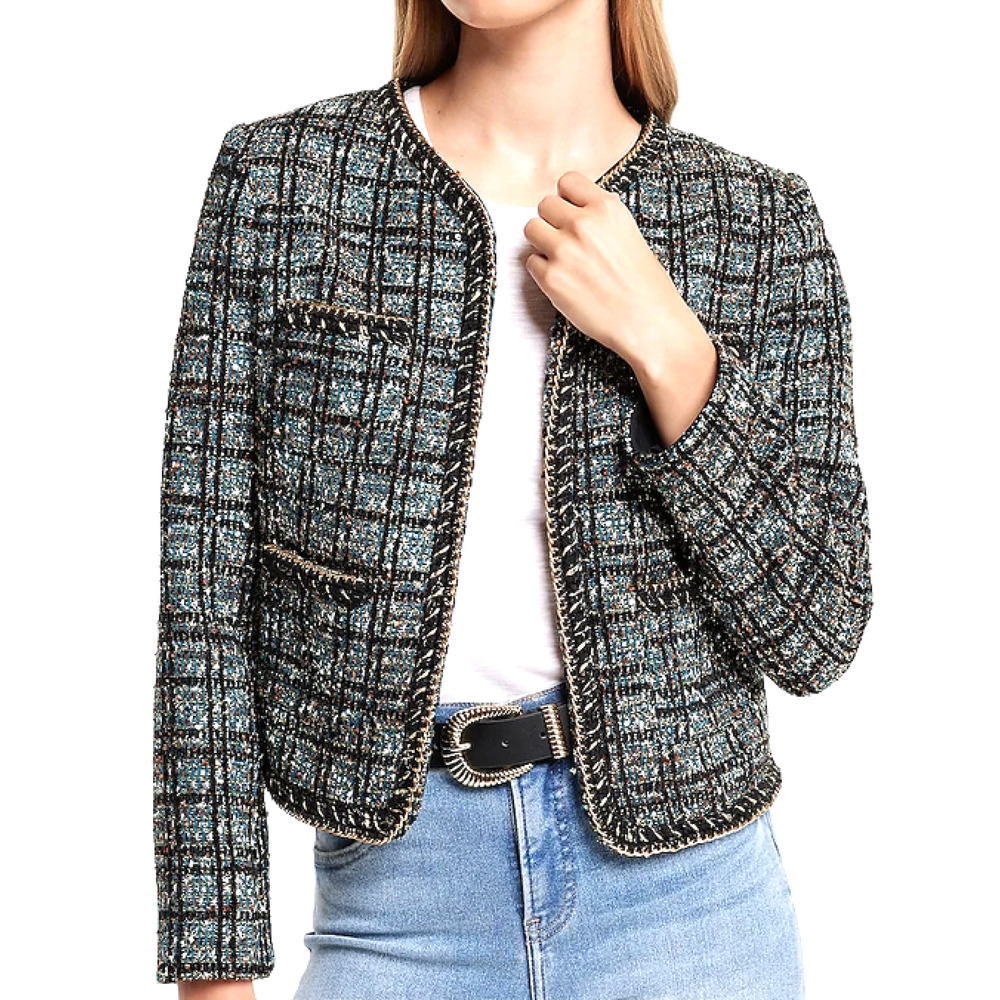 NEW EXPRESS METALLIC PLAID GOLD CHAIN TWEED JACKET IN MULTI TEAL BLACK SIZE XS